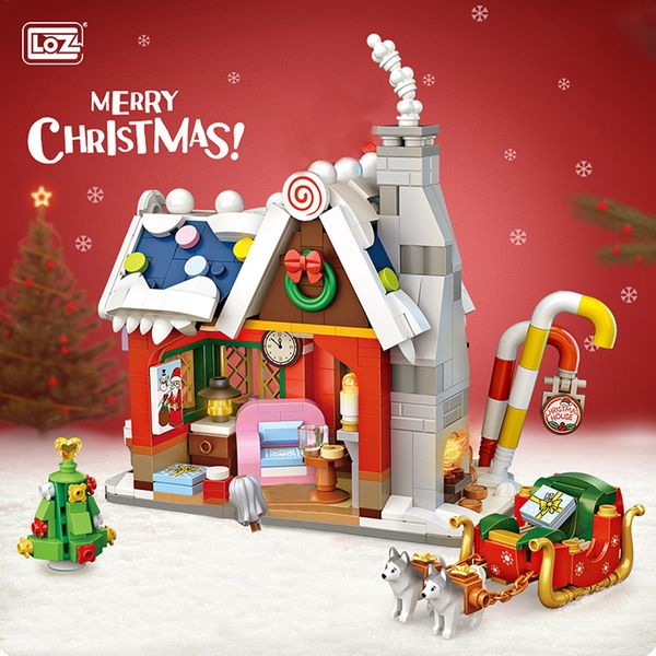 Loz 1223 1224 Arquitetura Feliz Christmas House Tree Deer 3D Mini blocos Bricks Building Toy for Children Gift