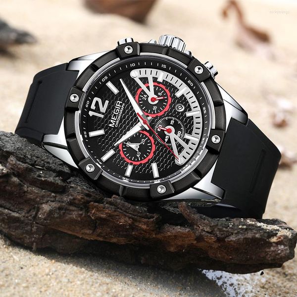 Avanadores de pulso megir Luxury Casual Men Watches Sports Militares Male Male Wristwatch Data Quartz Relógio de silicone Cronógrafo Mannens Saat Rellojes