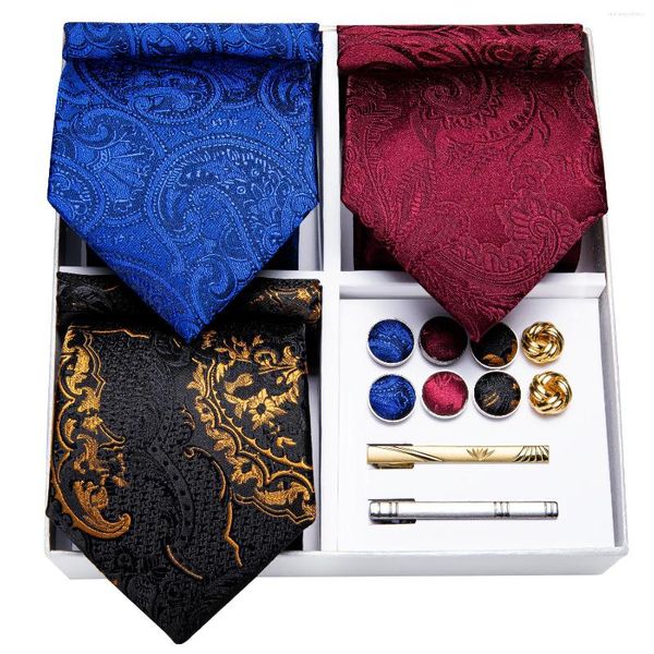 Bow Ties Gift Box Pack 3pcs Moda Red Black Blue Paisley Men's Business Wedding Cocondtie Hanky ​​Cufflinks Dibangus