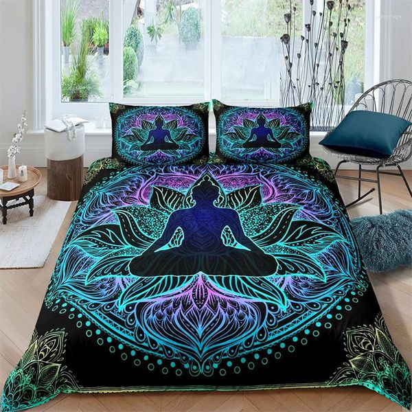 Set di biancheria da letto Bohemian Chakra Meditation Copripiumino Relax Theme Yoga Set Exotic Mandala Lotus Comforter Full King Bedroom Decor