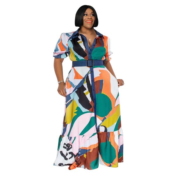 5XL Plus Size Hemdkleider Damen Modedruck Kurzarm Maxikleid mit Gürtel Kostenloses Schiff