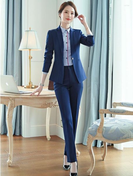 Kadınların İki Parçası Pantolon Resmi Bayanlar Lacivert Blazer Kadın İş Takımları Pantolon ve Ceket Seti İş Giysileri Ofis Tekdüzen Tasarım Stilleri