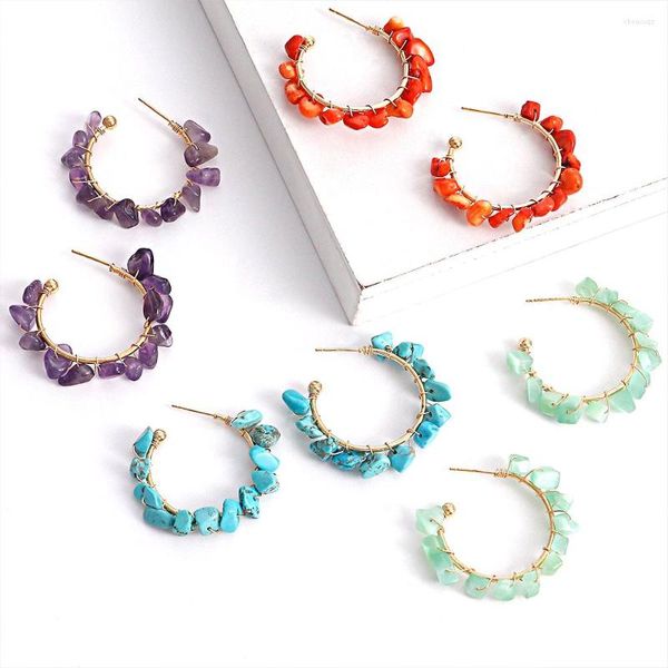 Hoop Ohrringe unregelm￤￟ige Naturstein Red Coral Turquoise Quarz Reiki f￼r Women Bohemian Schmuckparty Urlaubsgeschenke