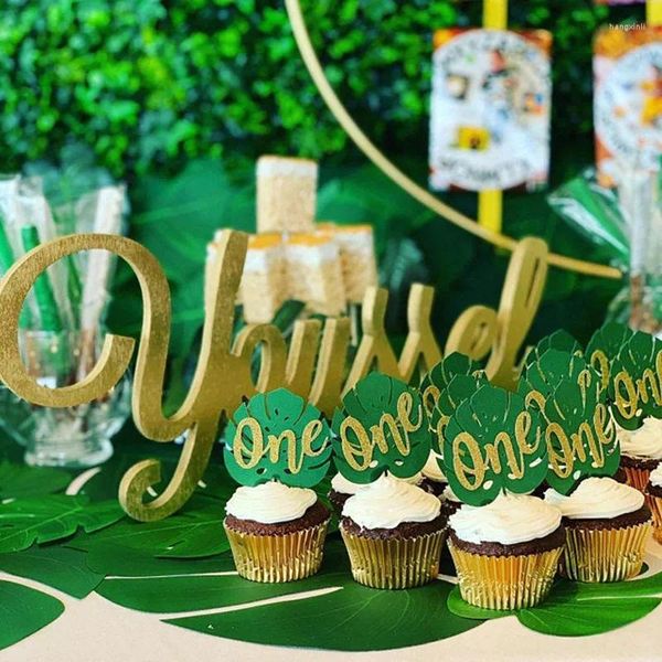 FESTIVO STAPIÇÃO DE FESTIVO 10PCS GOLD WILD ONE CUPCAKE TOPPERS GREEN FOLE FOLTE Topper Safari Animal Decor Baby Charf -menino menina 1ª Jungle Birthday Birthday