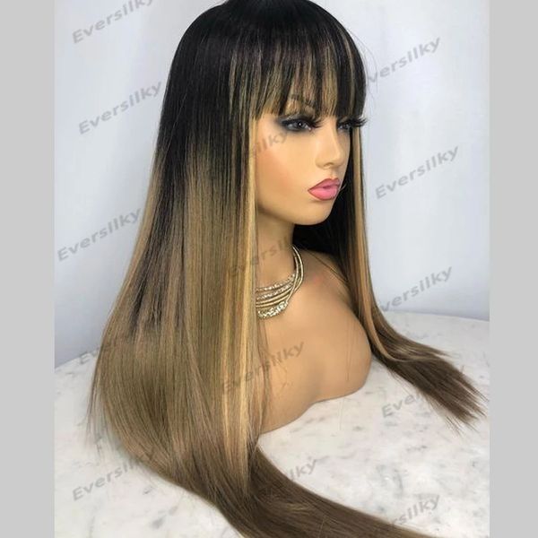 Silk Top Fringe Human Human Wigs para mulheres Cleol fria marrom sem glue full Machine fabricada perucas retas remy ombre raízes pretas escuras