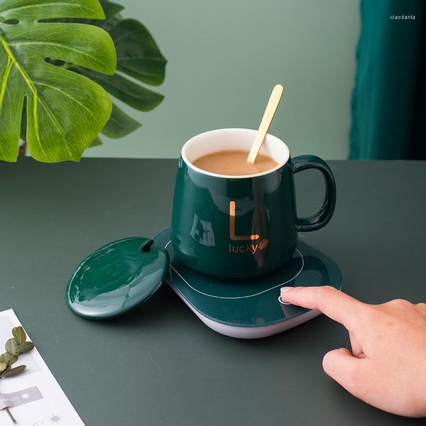 Tazze Tazza in ceramica termostatica nordica da 55 gradi Cucchiaio coperto Regalo di festa caldo Caffè al latte riscaldato ad acqua per ufficio