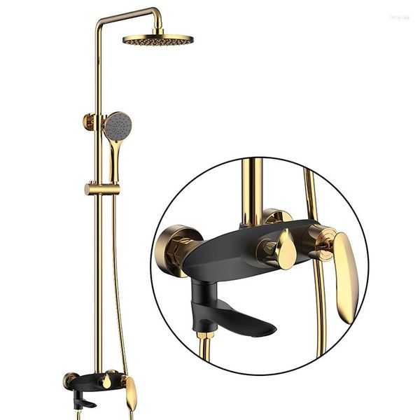 Badezimmer-Duschsets Wasserhahn Messing Gold Wandmontierte Badewanne Regenkopf Quadratische Handrutschstange Mischbatterie Set 877525K