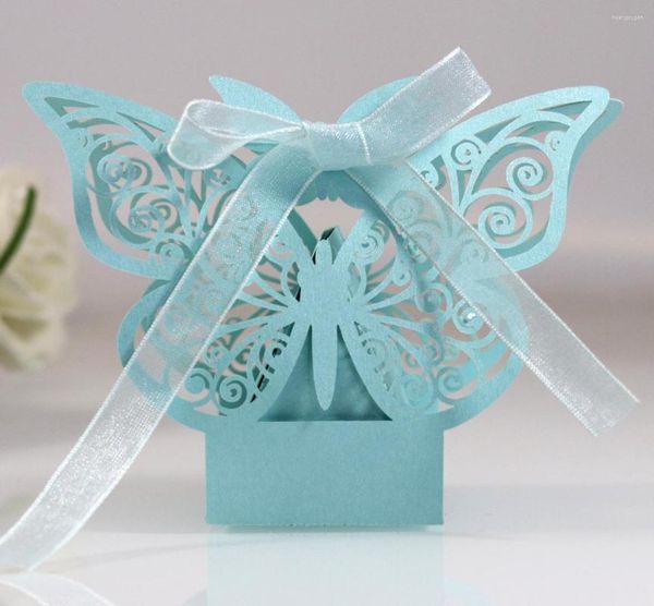 Geschenkpapier 10 stücke Schmetterling Laser Cut Hohlwagen Gefälligkeiten Geschenkbox Süßigkeitskästen mit Band Babyparty Hochzeit Party Supplies