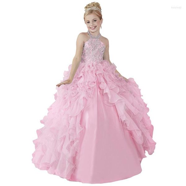 Vestidos de garotas rosa meninas rosa contas de bola de baile de um concurso longo de garotas crianças filhos de crianças fantasias para