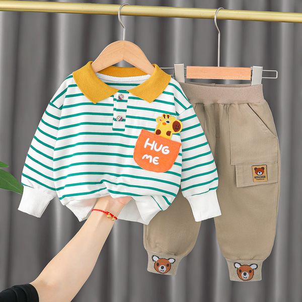 Primavera Autunno Neonate Ragazzi Vestiti Set di abbigliamento per bambini T-shirt con orso a righe Pantaloni Costume casual per bambini