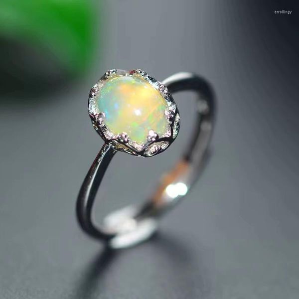 Cluster-Ringe, natürlicher Opal-Ring für Frauen, Jahrestagsgeschenk, 6–8 mm, bunte Edelsteine, feiner Schmuck, Luxus-Kronen-Design, echtes 925er Sterlingsilber