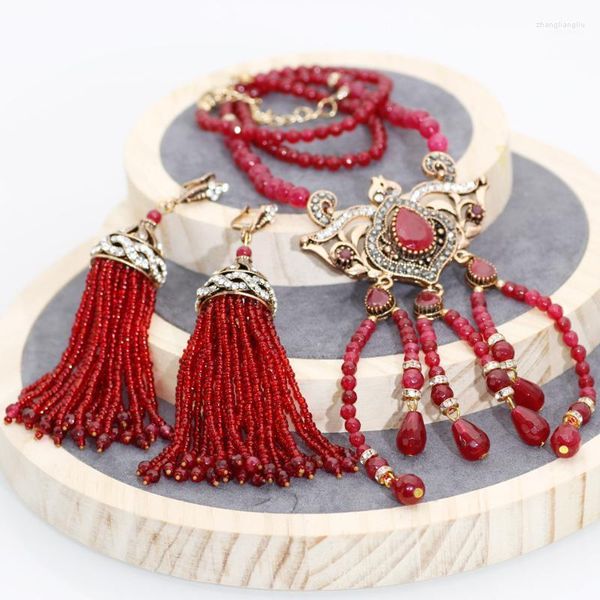 Halskette Ohrringe Set Naturstein Marokko Rot Hochzeit Lange Quasten Baumeln Charm Antik Gold Farbe