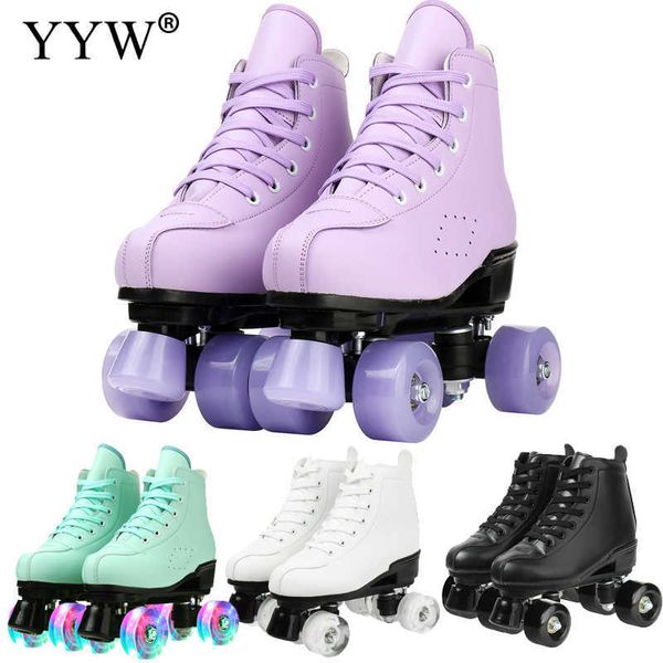 Patins de gelo 2022 mulheres garotas roller roxo 2 linhas duplas 4 rodas tênis de patinação Pu Flash Sliding Sneakers Treinamento L221014