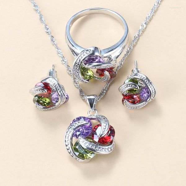 Collana Orecchini Set Pietra Colorata Colore Argento 925 Marchio Matrimonio Per Le Donne Bracciale Con Borchia E Anello Set Da Sposa