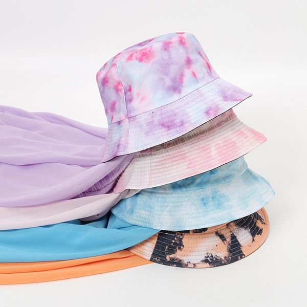 Cappello da pescatore Tie Dye con Hijab in chiffon per donna Berretto musulmano con Hijab Islam pronto da indossare Cappelli sciarpa donna Set