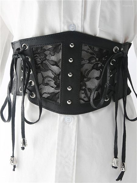 Cintos 2022 Lace de renda vintage Ladies da banda larga de espartilho elástico amplo vestido decorativo Camisa da cintura de babados externa preto