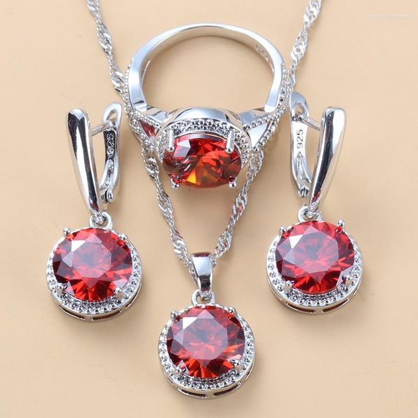 Brincos de colar Conjunto 925 Mark Acessórios de noiva Vestido de noiva redonda Red Garnet CZ Ring Blangle for Women Gift