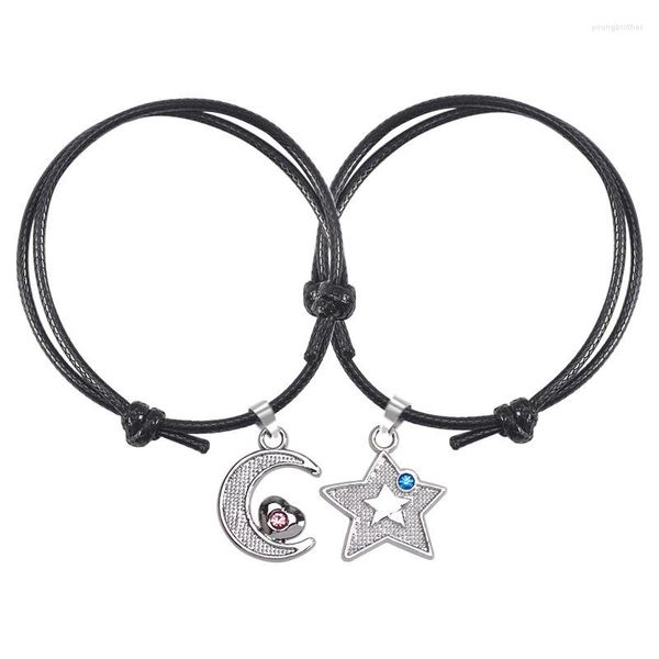 Braccialetti di collegamento Romantico braccialetto di coppia con corda in pelle a 4 colori Stella di moda Luna Cristallo Ciondolo con zirconi Regalo per gli amici