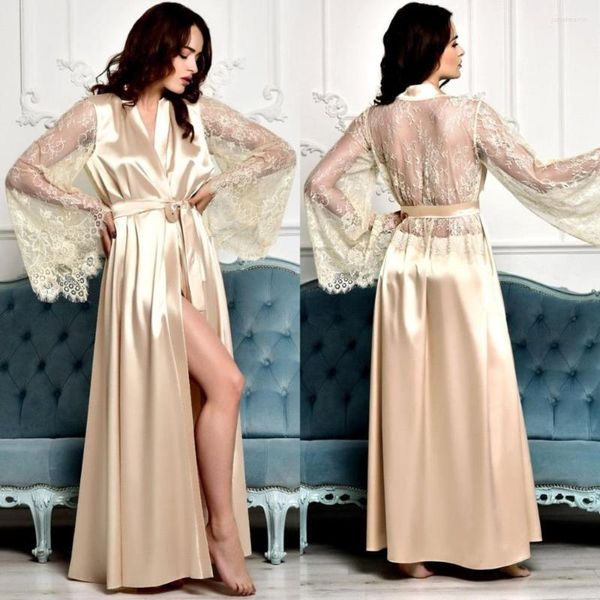 Wraps Champagner Braut Roben Spitze Seide Satin Hochzeit Nachtwäsche Bademäntel Nachthemden Lange Robe Frauen Boudoir Kleider Kimono