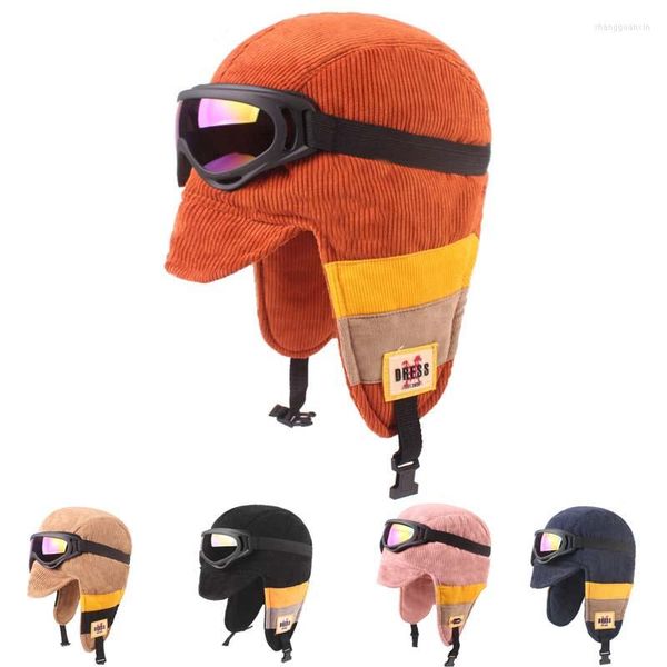 Berets HanXi Kühle warme Winter-Bombermütze mit Brille Damen Herren Samtmütze Unisex Pilot Skullies