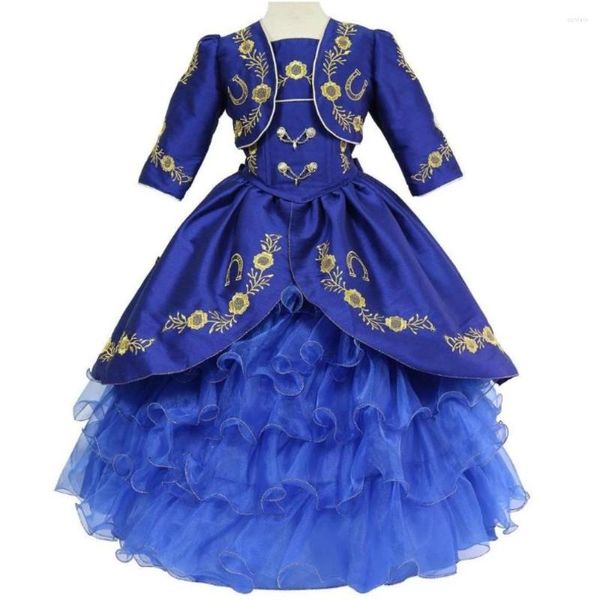 Vestidos de menina 2022 Bordado de ouro Royal Blue Charro Ball vestido Toddler Little Girls Concurso Prom para crianças Ruffles de Satin Corset