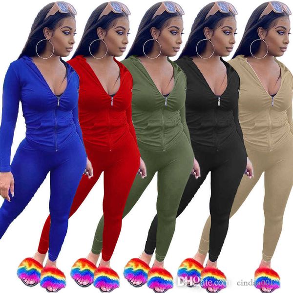 Herbst Mit Kapuze Freizeit Sport Hosen Anzug Frau Einfarbig Zipper Zwei Stück Jogger Sets Silm Langarm Jacken Frauen Tragen