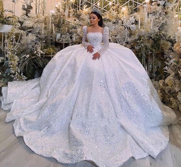Prinzessin Langarm Pailletten Perlen Dubai Ballkleid Brautkleid Illusion Quadrat Kragen Kristall Saudi Arabisch Brautkleid 2022 Vestidos Noiva Mariage
