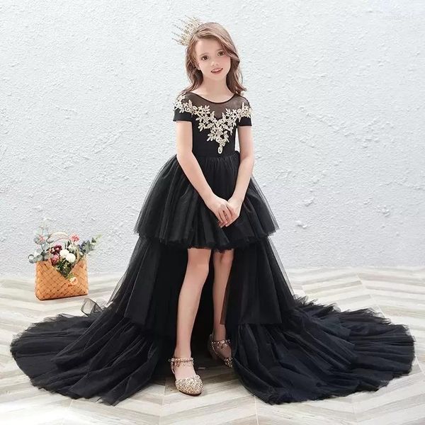 Vestidos de menina Boho Flor preta em camadas para casamentos Crianças vestidos de concurso Lace e Tulle Kids Beach Wedding