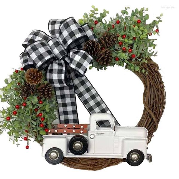 Decorazioni natalizie Ghirlanda di eucalipto artificiale da 40 cm con papillon Bacche rosse Camion Decorazioni per appendere la porta d'ingresso rotonda a tema invernale