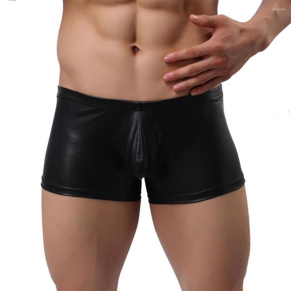 Mutande Boxer sexy da uomo in pelle PU Rigonfiamento del pene Boxer effetto bagnato Trunks Elastico Lingerie gay Mutandine con sacchetto grande