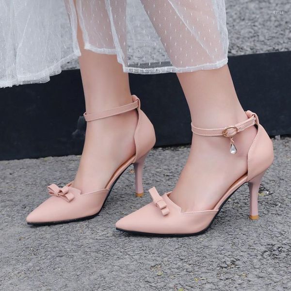 Sandalet Yaz Bow High Heel Kadın Stiletto, 8,5 cm sivri pembe yüksek topuklu sığ ağız küçük boyutlu moda ayakkabıları