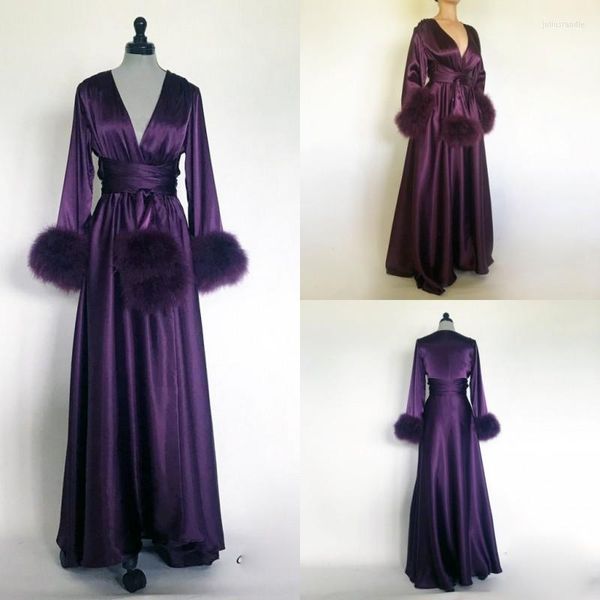 Avvolge le donne viola accappatoio camicia da notte raso di seta indumenti da notte abito da sposa damigella d'onore abiti da sposa pelliccia inverno kimono vestito in gravidanza