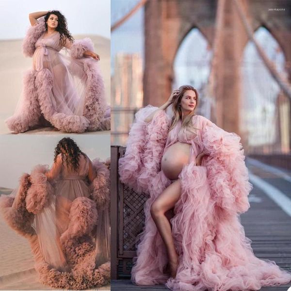 Avvolge Incinta Po Accappatoio Pigiama Robe Sexy Maniche Lunghe In Pizzo Tulle Abiti Custom Made Mesh Prom Scialle della Damigella D'onore 2022