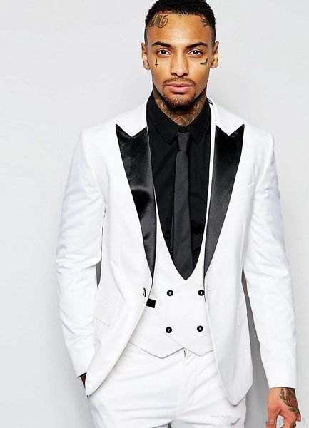 Ausgezeichneter weißer Bräutigam-Smoking, schwarzes spitzes Revers, schmale Passform, Hochzeitskleid für Trauzeugen, modischer Herren-Jacken-Blazer, 3-teiliger Anzug