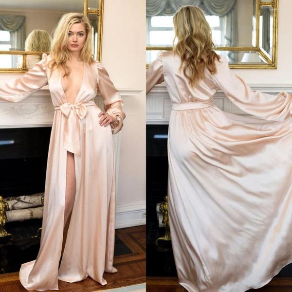 Wraps Rose Gold Seide Satin Braut Boudoir Kleid Langarm Hochzeit Nachtwäsche Bademäntel Nachthemden Roben Frauen Kleid Kimono