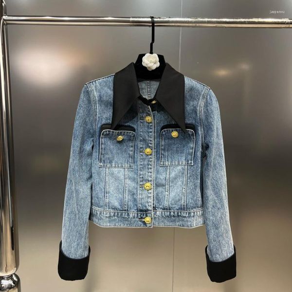 Damenjacken PREPOMP 2022 Herbst Ankünfte Langarm Umlegekragen Goldknöpfe Blaue Jeansjacke Frauen Mantel GG327