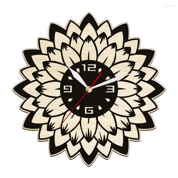 Relógios de parede Lotus Flor Mandala Wood Art Clock para Yoga Studio Daisy Floral Mediação Decoração de casa silenciosa relógio