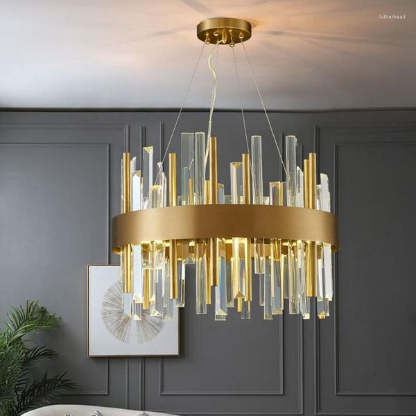 Kronleuchter Moderne LED-Kronleuchter Wohnzimmer Schlafzimmerbeleuchtung Gebürstetes Gold Edelstahllampe Rundes Design Interieur