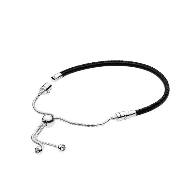 Bracciale cursore in vera pelle nera con scatola originale per gioielli Pandora autentici in argento sterling per feste di nozze per bracciali a catena a mano da donna