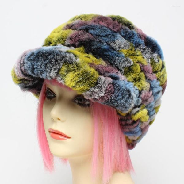Visiere Winter Frauen Echte Rex Pelz Beanie Mode Gestrickte Mützen Hüte Dame Warme Natürliche Kappen