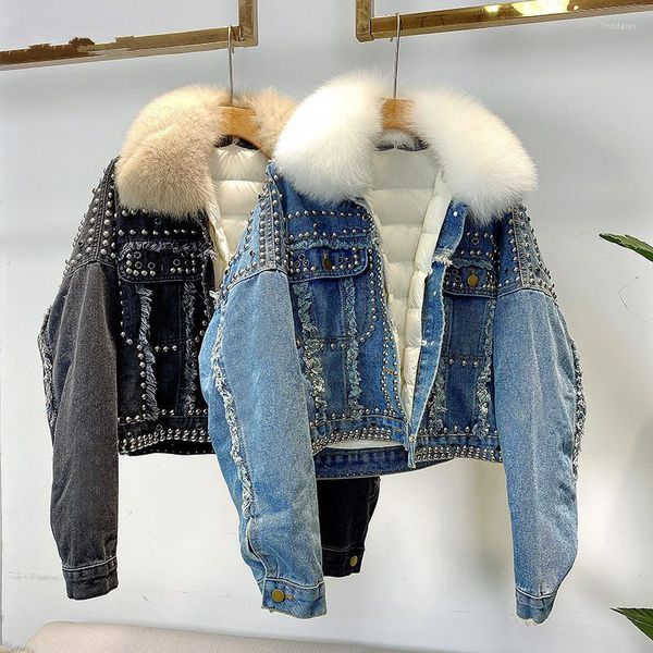 Mulheres caídas 90% de jaqueta de pato branco mulheres espessura de jeans de jeans destacável moda parka com colarinho de pele real