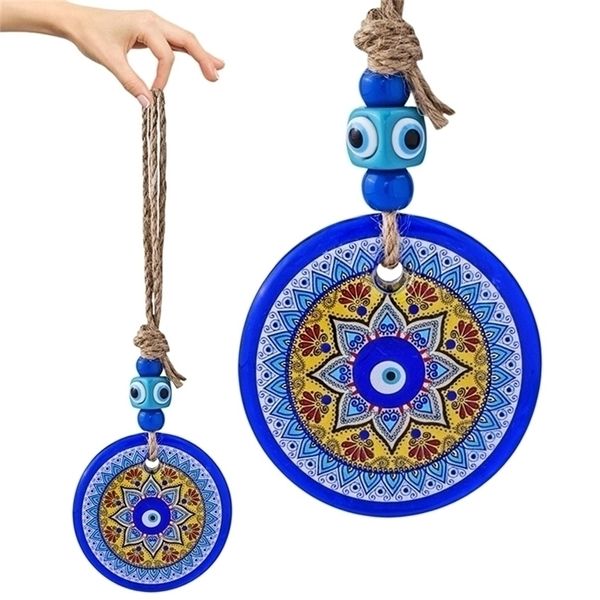 HD Glass Blue Pinging Fengshui Turkish Nazar Contas Wall Decoração de pendura para casa Charms de carro AMULET 220426