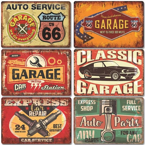 Garagem de garagem Pintura de metal signos de lata Vintage Rota 66 Carrata de metal de metal Retro Garagens de pneus de pneus Decora￧￣o de arte de parede Tamanho 20x30cm
