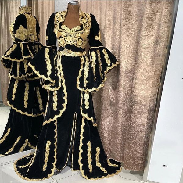 Kosovo-Albanisch-Schwarz-Gold-Abendkleider mit Langarm 2023, Spitze, Blumen, Vestidos, Anlass, Abschlussball, formelle Kleider, Outfits, Vestido de Fiesta