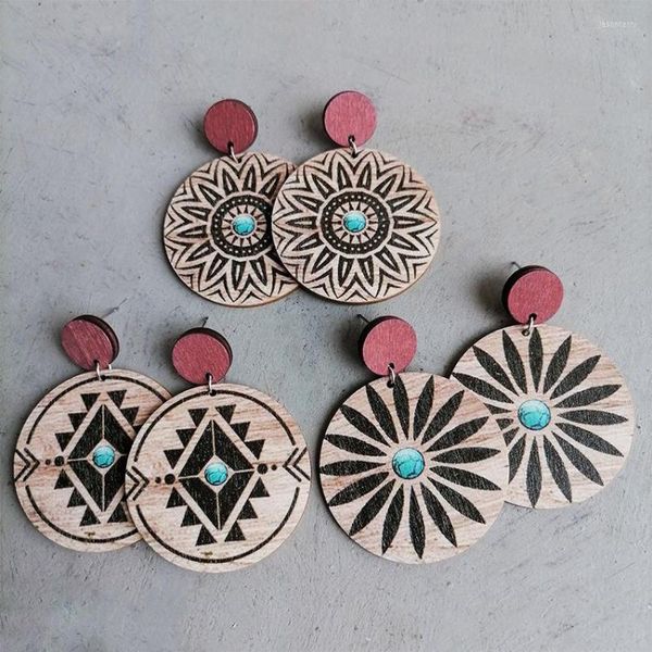 Orecchini pendenti stile azteco turchese sunburst margherita motivo floreale stampa goccia rotonda in legno per regali di donne amanti gioielli occidentali