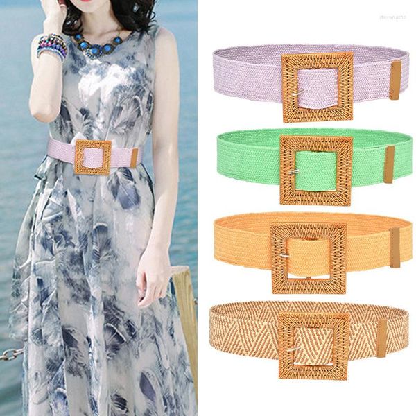 Celra Candy Color Wood Square Fuckle Dress Decorative Waist Band Bohemian PP Straw Belt Women Women Women Casual Vintage Stretch Cummerbunds