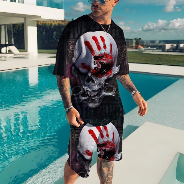 Tute da uomo Abiti estivi da uomo Horror Skull Stampa in metallo Fashion Street Top oversize T-shirt Pantaloncini Stampa 3D Set da 2 pezzi