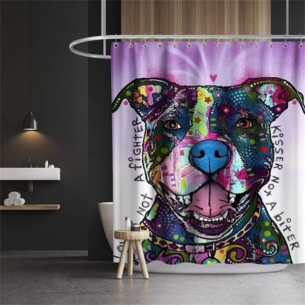 Colorido encantador, cortina de chuveiro de cachorro de desenho animado decoração de banheiro decoração de poliéster água lavável com ganchos 70x70 polegadas 220429