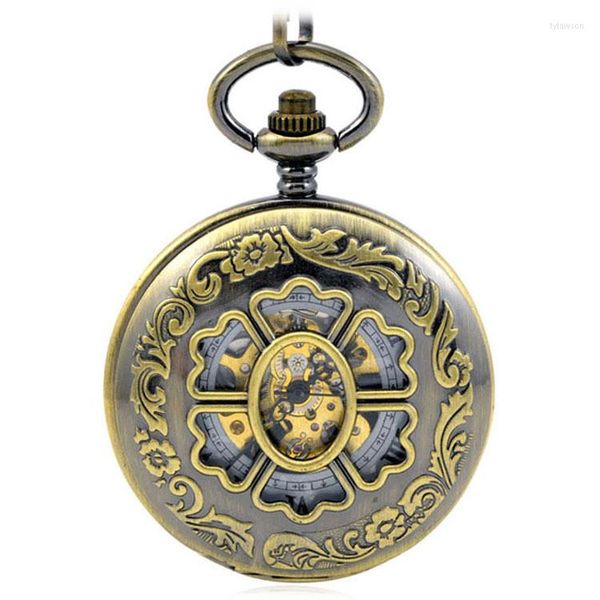 Taschenuhren, braun, antik, Steampunk, mechanischer Handaufzug, Anhängeruhr für Herren und Damen, klassische Schnitzerei, Blütenblatt