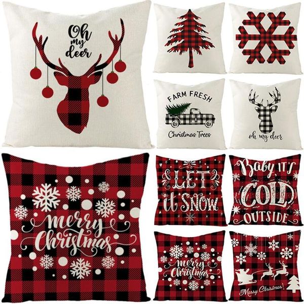 Decorações de Natal Merry Cushion Cover Red Black Plaid Elk Plant Ornaments